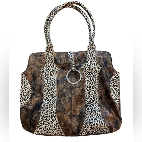 Marc Chantal Handbags - Brown and Tan Shoulder Bag with Cheetah Print and Leather